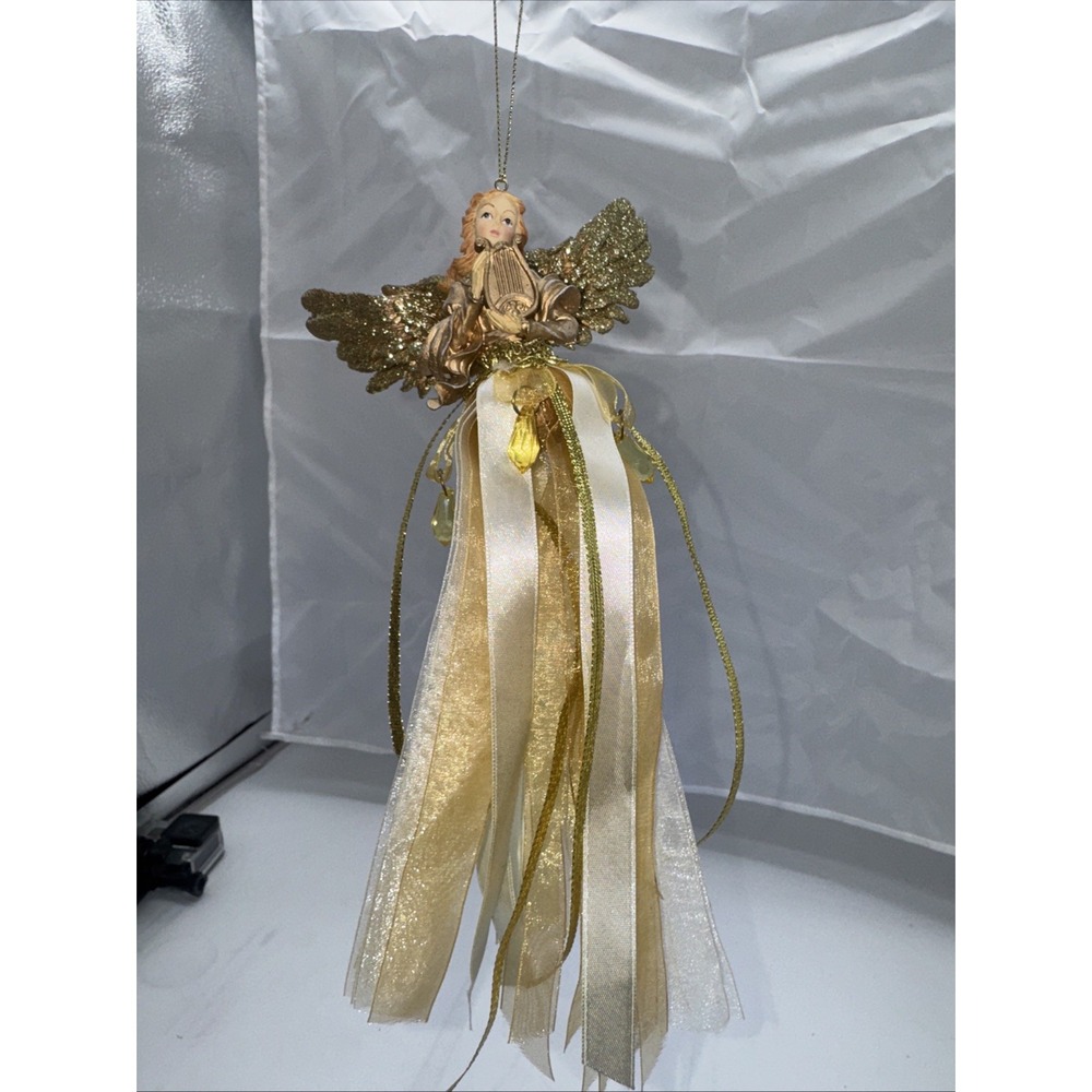 Angel Gold Glittery Wings Ornament Ribbon Body vintage